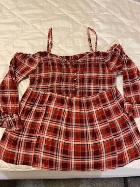 Torrid Red Orange Plaid Off-Shoulder Smocked Peplum (1)